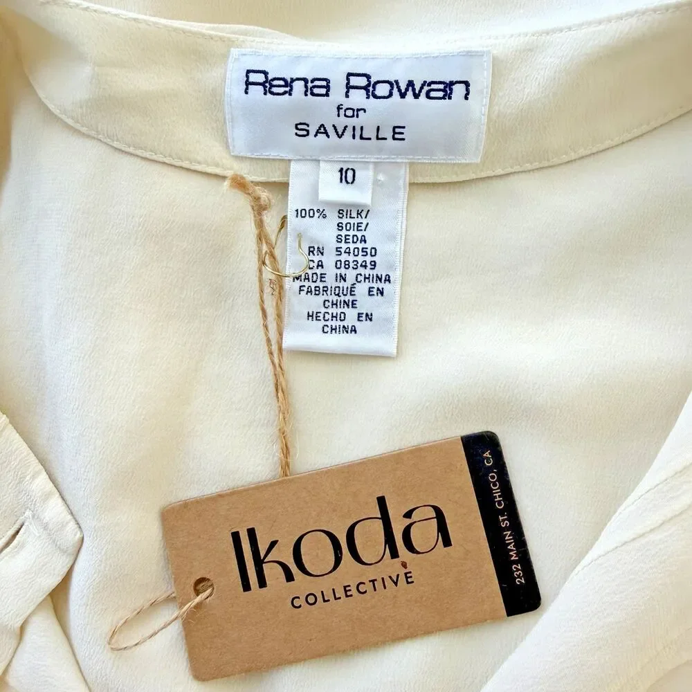 Rena Rowan 100% Silk Button Front Short Sleeve Blouse Cream Ivory Size 10